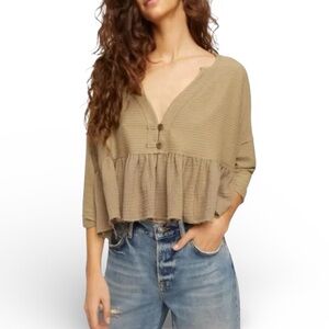 Free People NWT Dallas Crop Henley Boho Festival Neutral Khaki Native Land Sz S